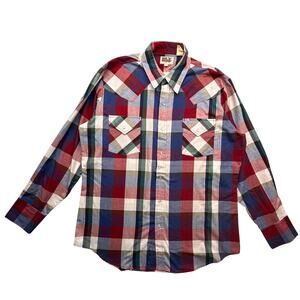 Vintage Ely Cattleman Pearl Snap Button Up Shirt Men Large Long Sleeve Plaid Red